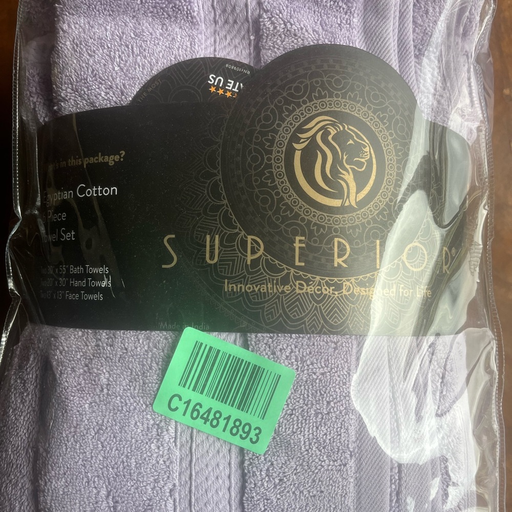 6 piece bath towel set. New in package. Lavender